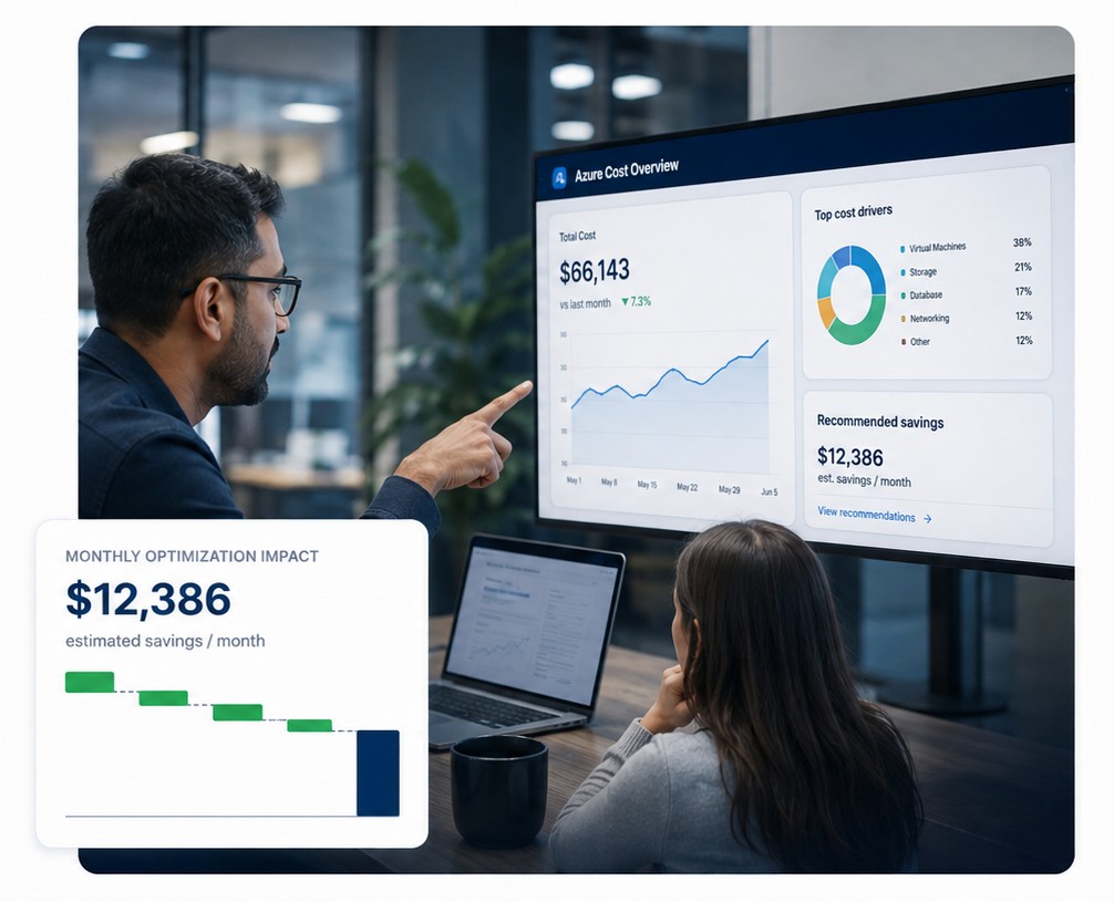 Team reviewing an Azure Cost Overview dashboard in PowerBoard
